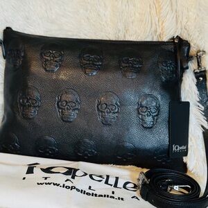 IO PELLE Italian Pebbled Black leather Skull Embossed Crossbody Bag